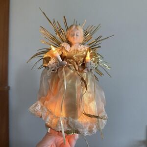 Vtg 90's Small Lighted Porcelain Angel Tree Topper 6 1/2" Tinsel Wings Gold